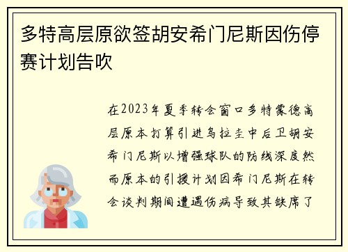 多特高层原欲签胡安希门尼斯因伤停赛计划告吹